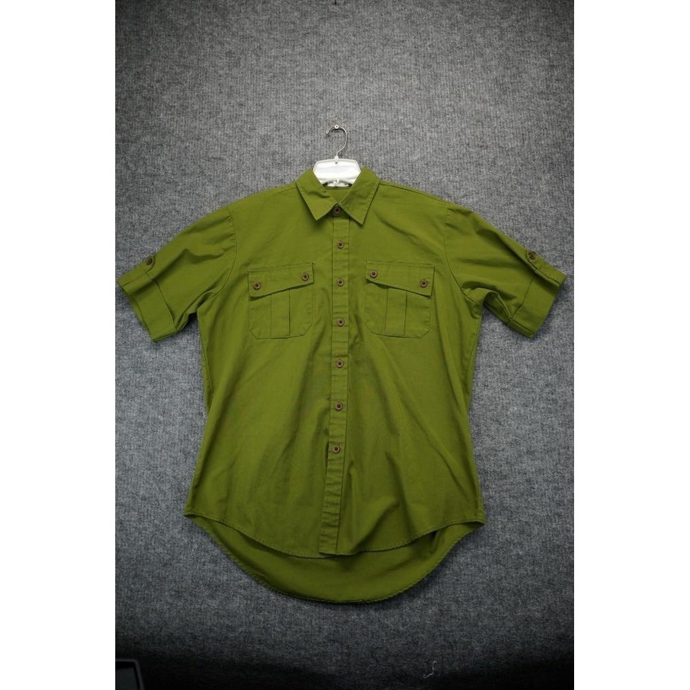 Fashion Seal Shirt Mens Large Button Down Up Green Military Hiking Short Sleeve*